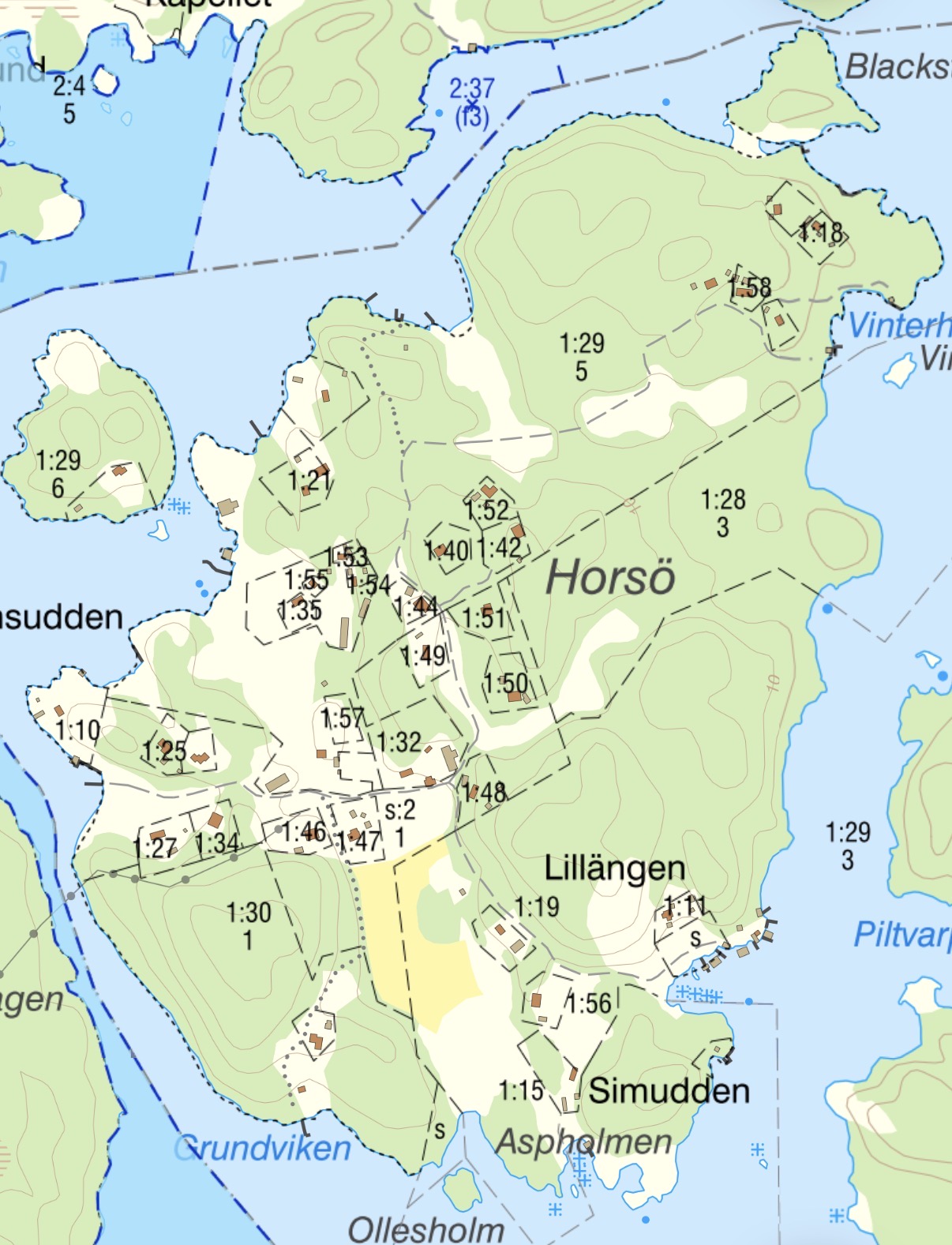 Grundstückskarte Horsö mit Fastighetsnummern
